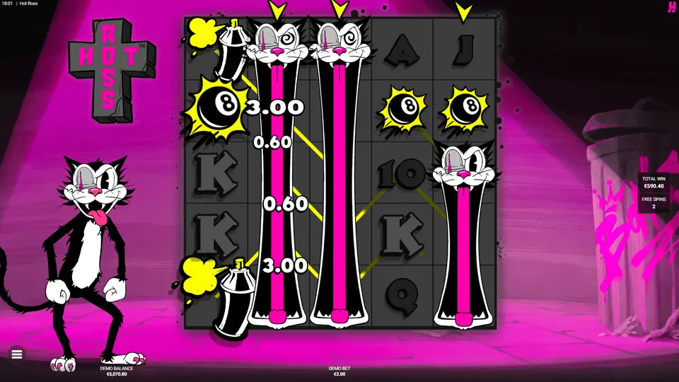 Hot Ross slot Nine Lives bonus with activated reels guaranteeing Ro$$ symbols